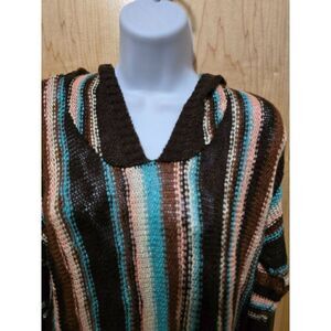 Rock & Roll Denim Striped Knit Sweater With Hood - Brown/Blue/White/Pink Boho